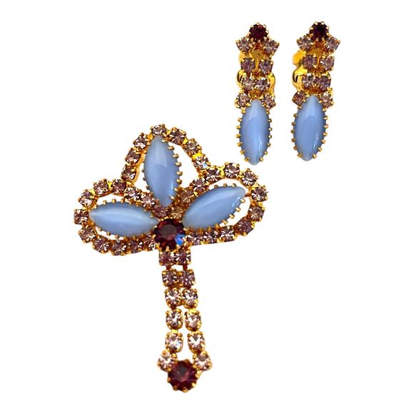 Vintage Brooch & Earring Set Rhinestones Blue Purple Demi-Parure MCM 11I - Picture 2 of 12